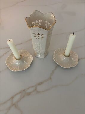 Vintage Lenox Langtry 7" Ivory  Pierced Vase 24kt Gold Trim & Shell candlestick